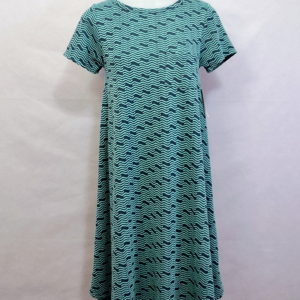 LuLaRoe Teal Wave Pattern Carly Dress With Pocket NWT Women's XXS